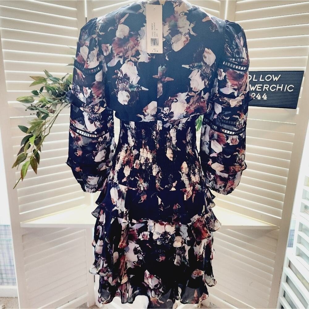 NICOLE MILLER BLACK NEW FLORAL DRESS MSRP 375.00 MED - Picture 2 of 7